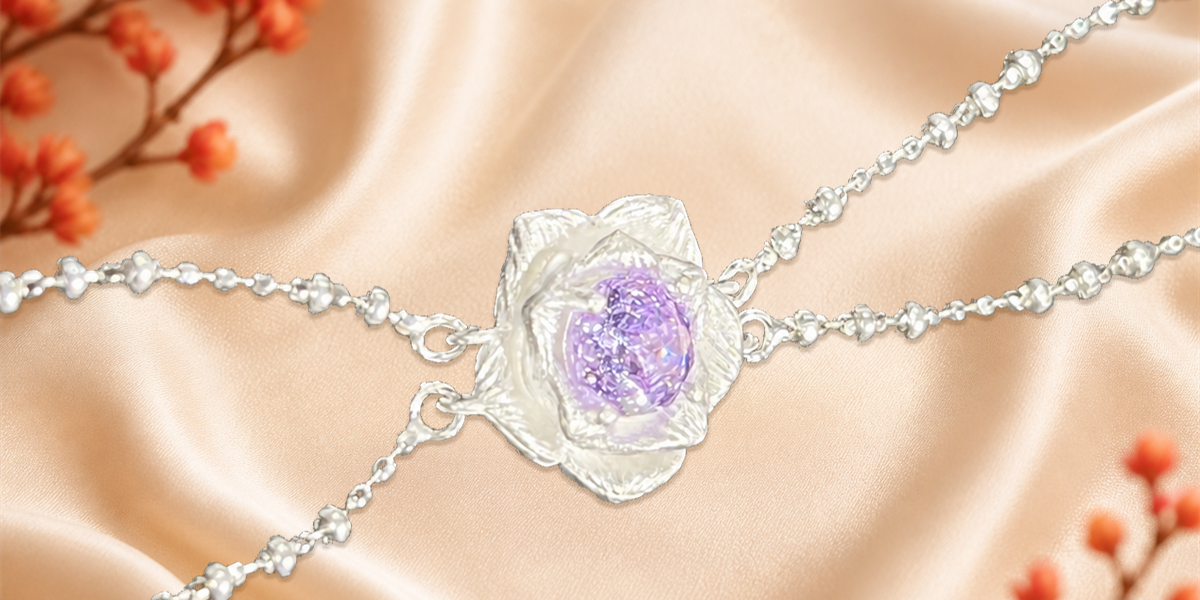 Sterling Silver 925 necklace photographed on champagne silk with red flowers