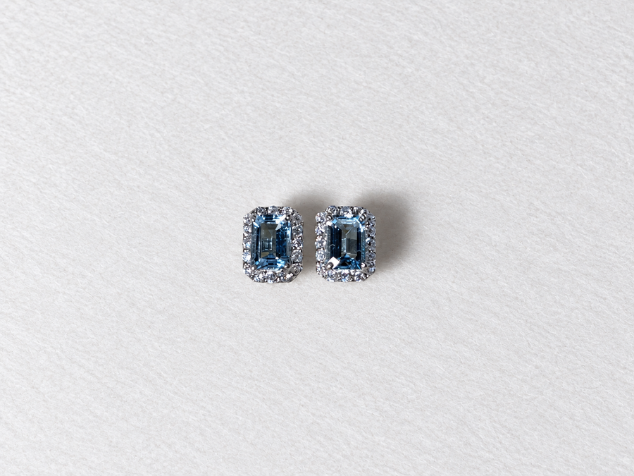 Blue Emerald Cut Gemstone Halo Silver Stud Earrings