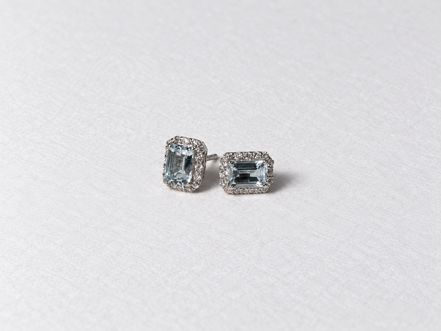 Blue Emerald Cut Gemstone Halo Silver Stud Earrings