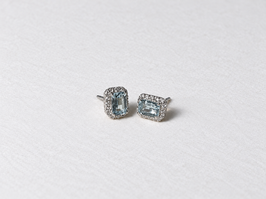 Blue Emerald Cut Gemstone Halo Silver Stud Earrings