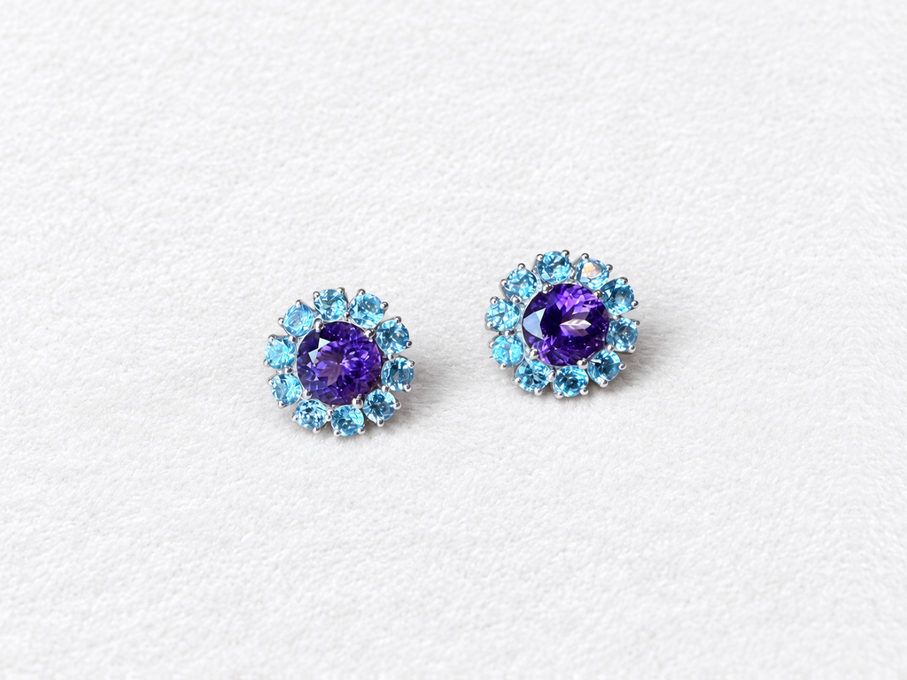 Blue gemstone silver earrings front view
