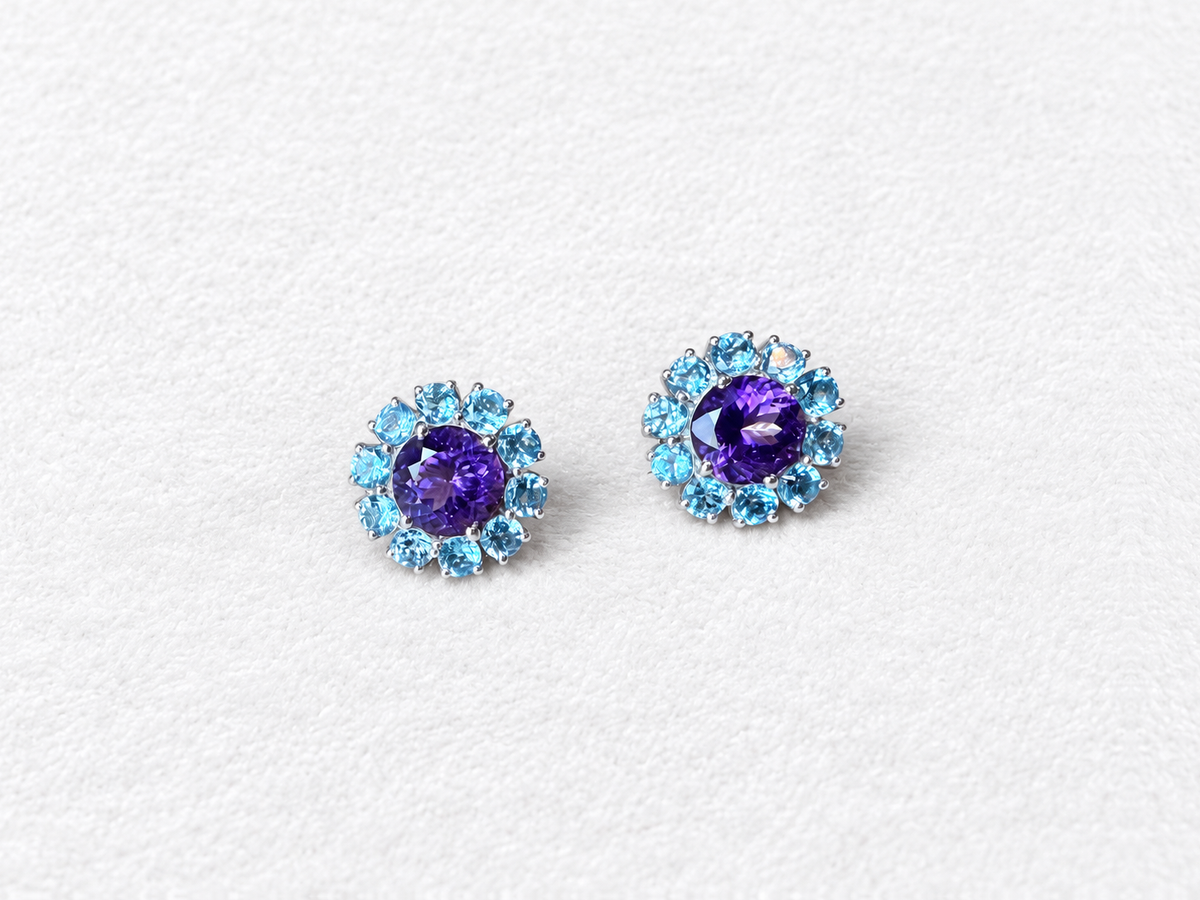 Blue gemstone silver earrings front view