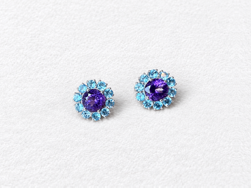 Blue gemstone silver earrings front view