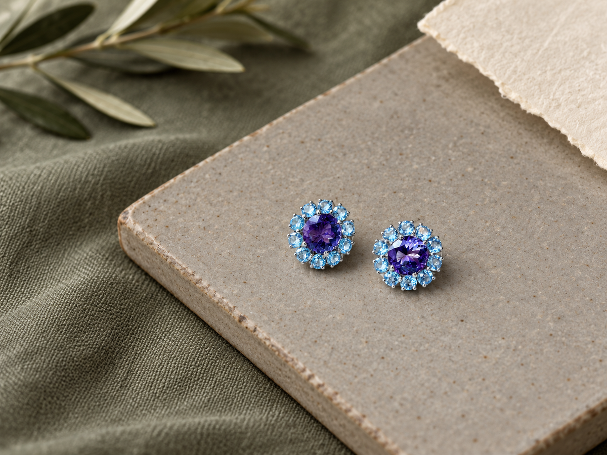 Blue gemstone silver earrings lifestyle photo 2