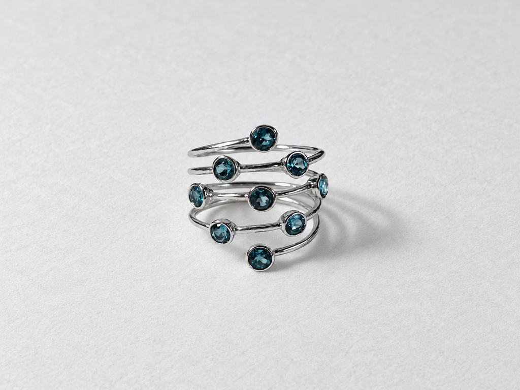 Blue gemstone layered silver ring front view