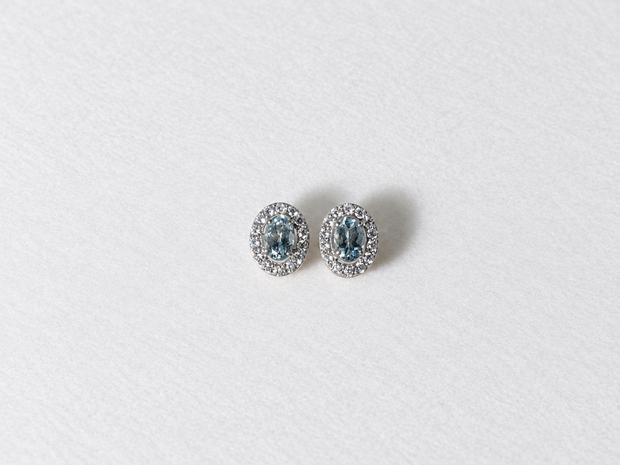 Blue Oval Gemstone Halo Silver Stud Earrings