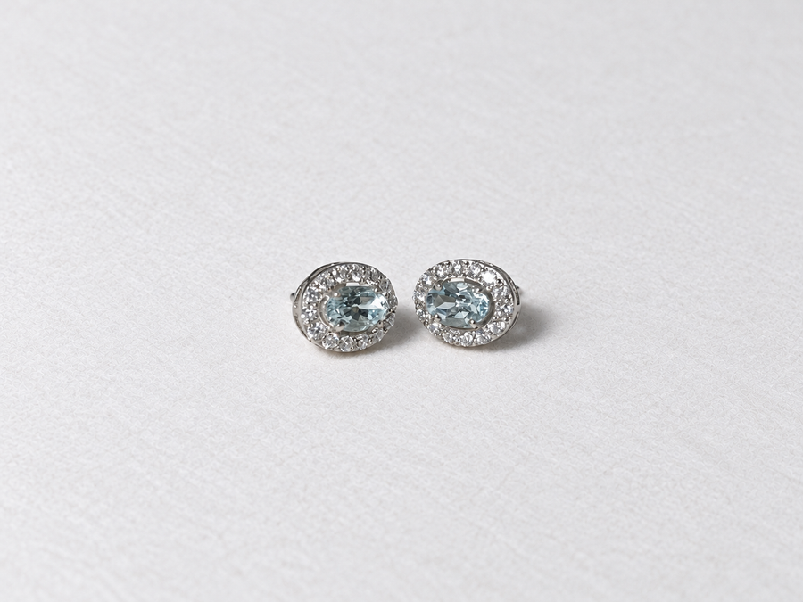 Blue Oval Gemstone Halo Silver Stud Earrings