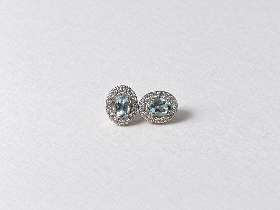 Blue Oval Gemstone Halo Silver Stud Earrings