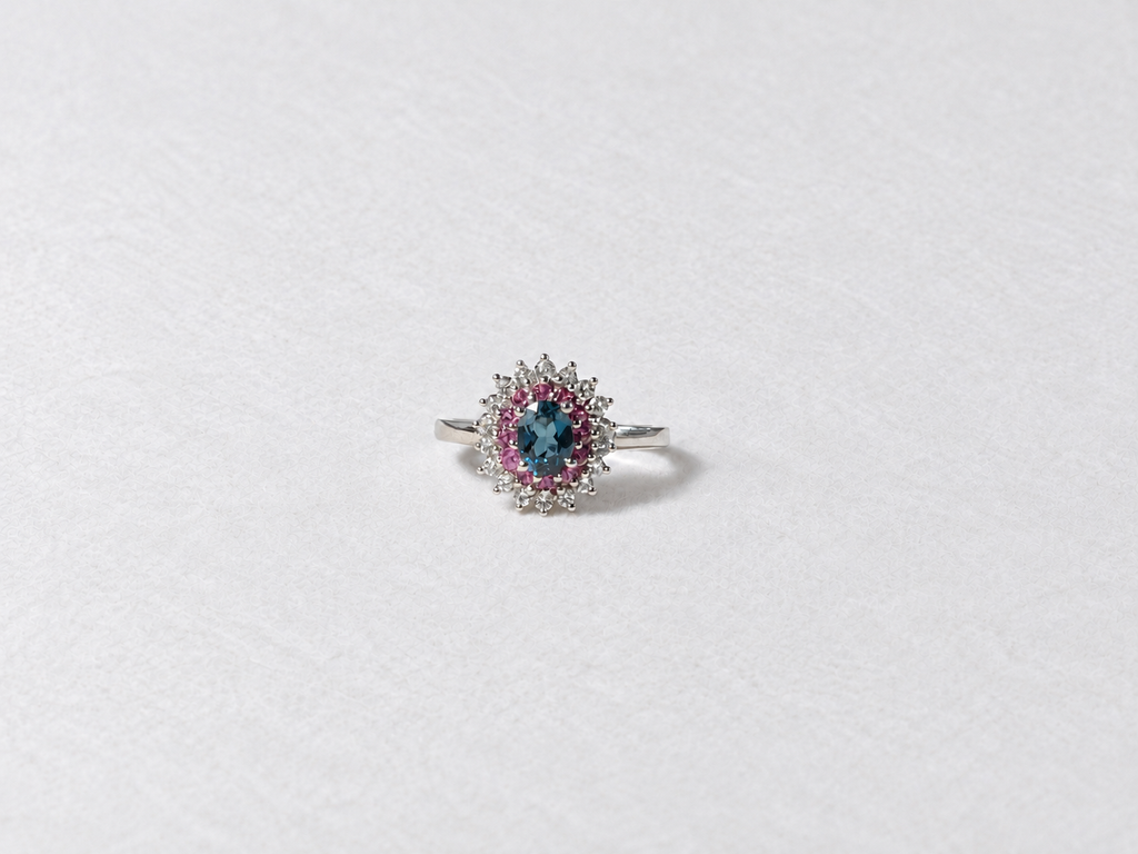Blue purple halo silver ring view 1