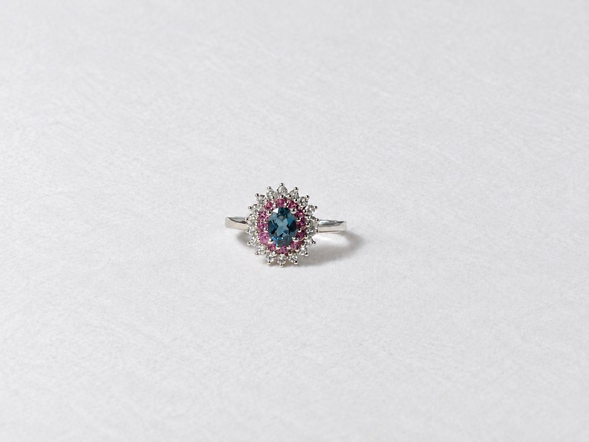 Blue purple halo silver ring view 1