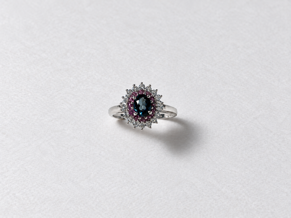 Blue purple halo silver ring view 3