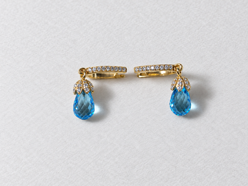Blue teardrop gemstone gold earrings view 1