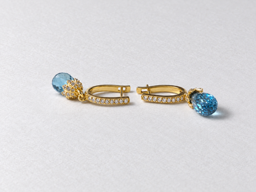 Blue teardrop gemstone gold earrings view 2