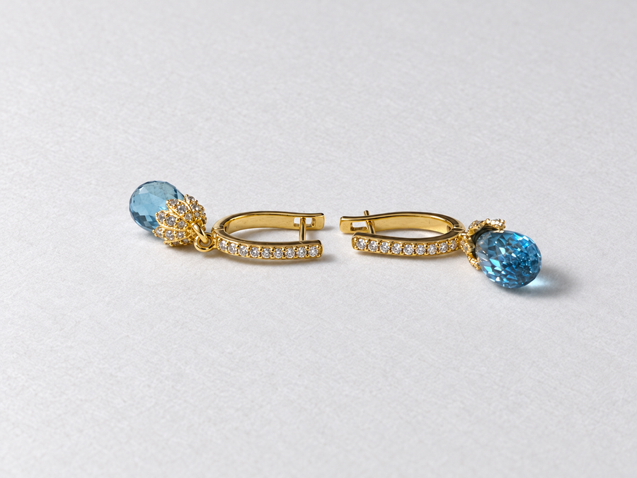 Blue Teardrop Gemstone Gold Earrings