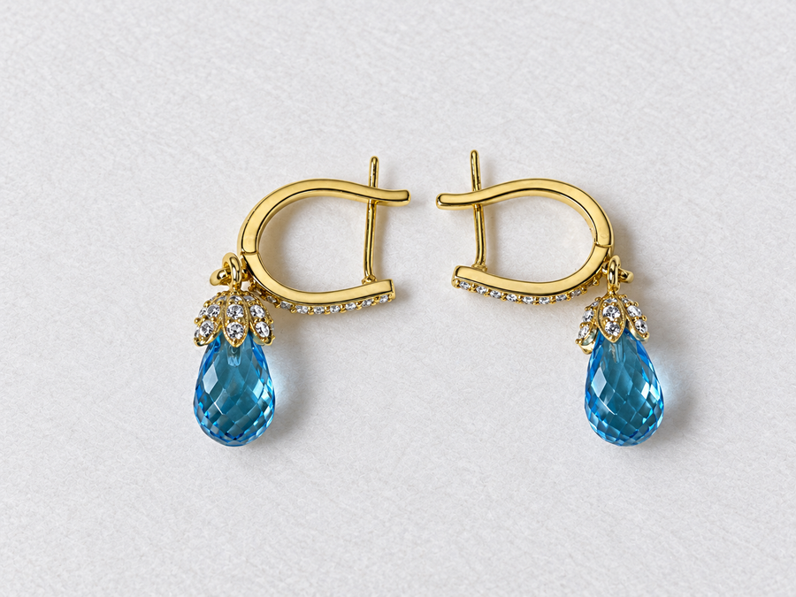 Blue Teardrop Gemstone Gold Earrings