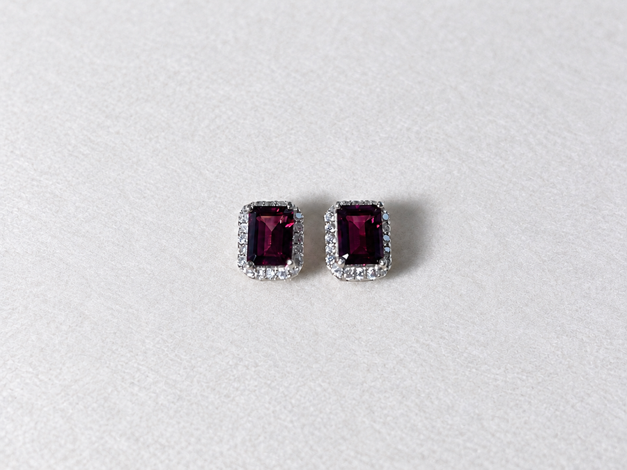 Burgundy Emerald Cut Gemstone Halo Silver Stud Earrings