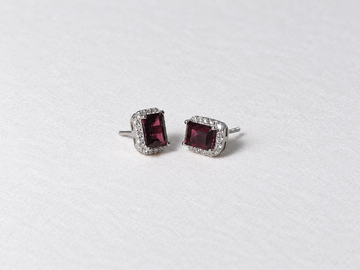 Burgundy emerald cut gemstone halo silver stud earrings view 2