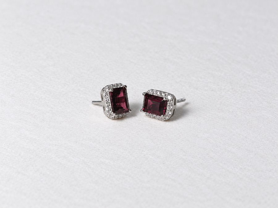 Burgundy Emerald Cut Gemstone Halo Silver Stud Earrings