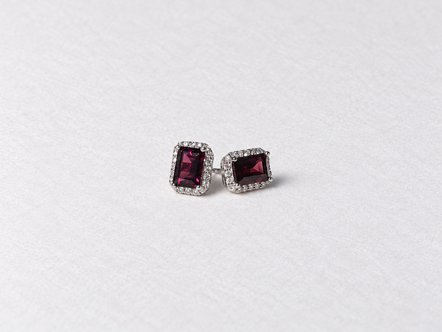 Burgundy Emerald Cut Gemstone Halo Silver Stud Earrings