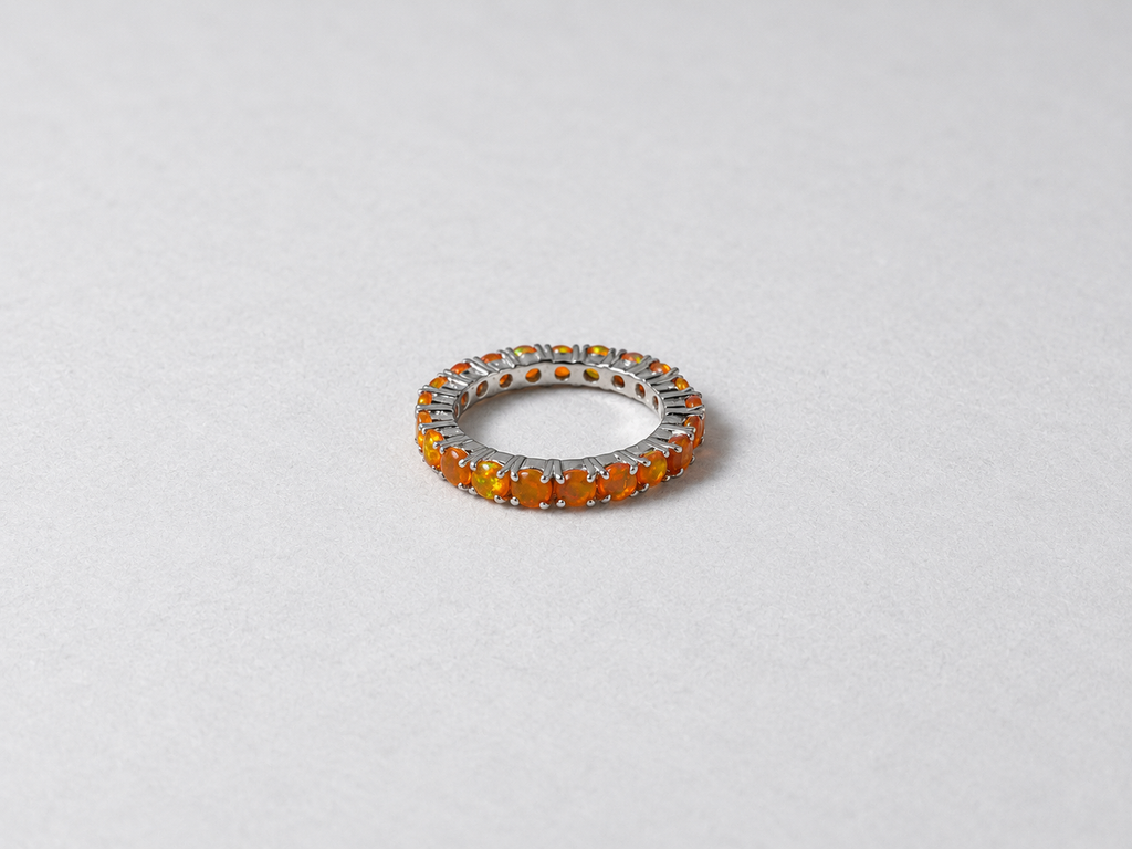 Fire opal eternity silver ring front view