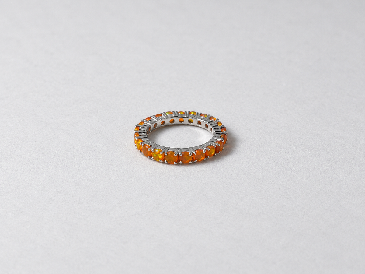 Fire opal eternity silver ring front view