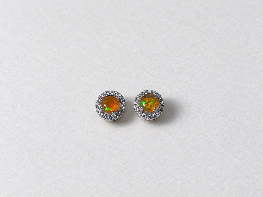 Fire Opal Halo Silver Stud Earrings