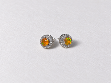 Fire opal halo silver stud earrings view 2