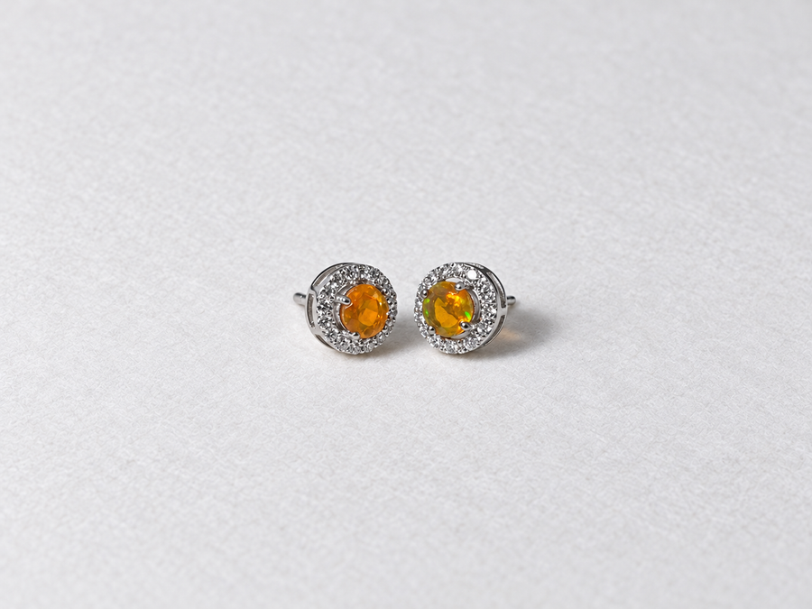 Fire Opal Halo Silver Stud Earrings