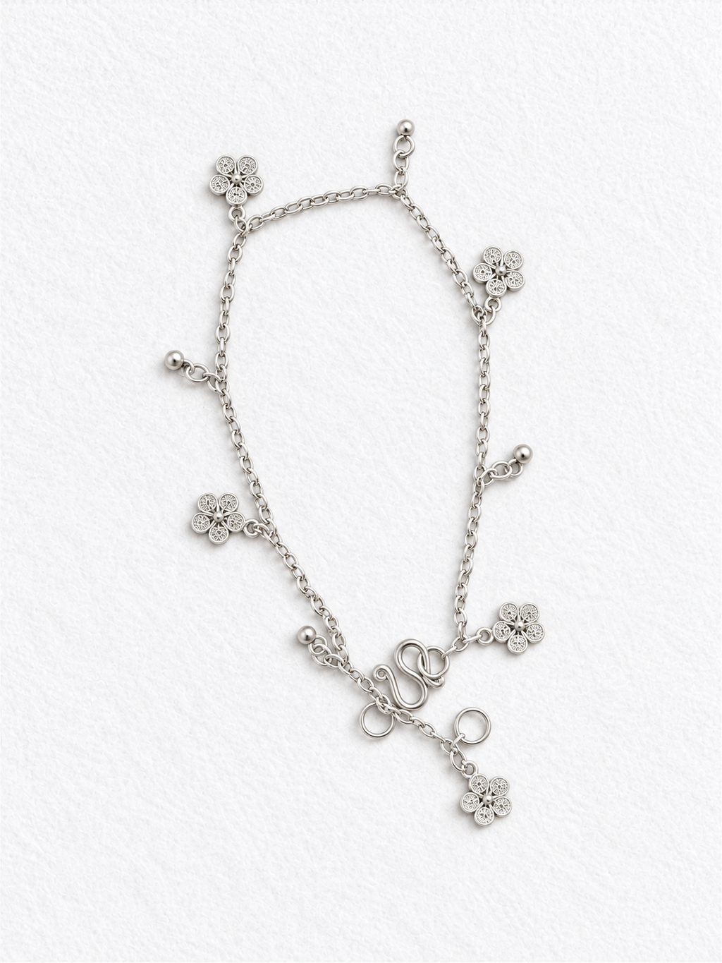 Handcrafted silver floral bracelet front view