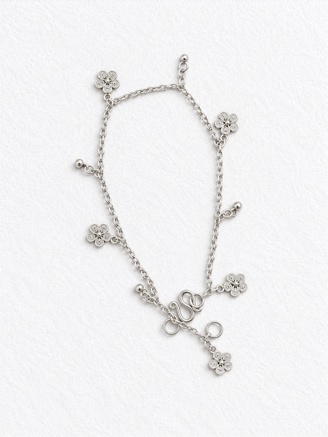 Handcrafted silver floral bracelet front view
