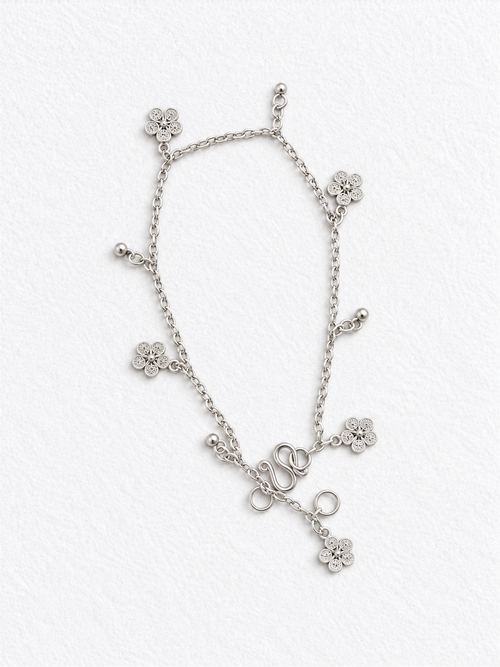 Handcrafted silver floral bracelet front view