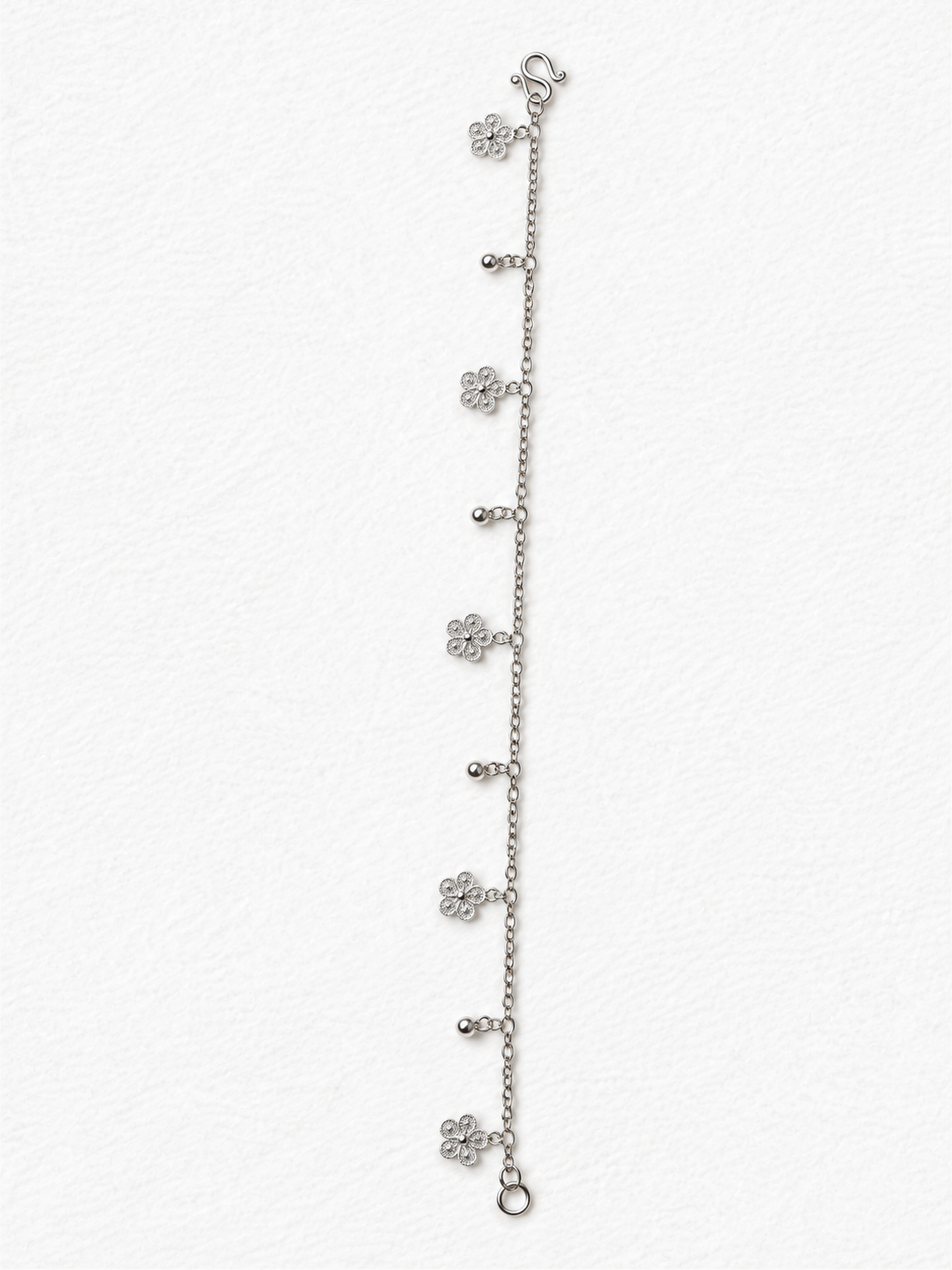 Handcrafted silver floral bracelet side view