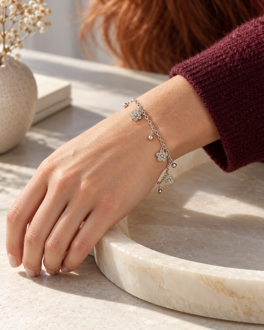 Handcrafted silver bracelet worn