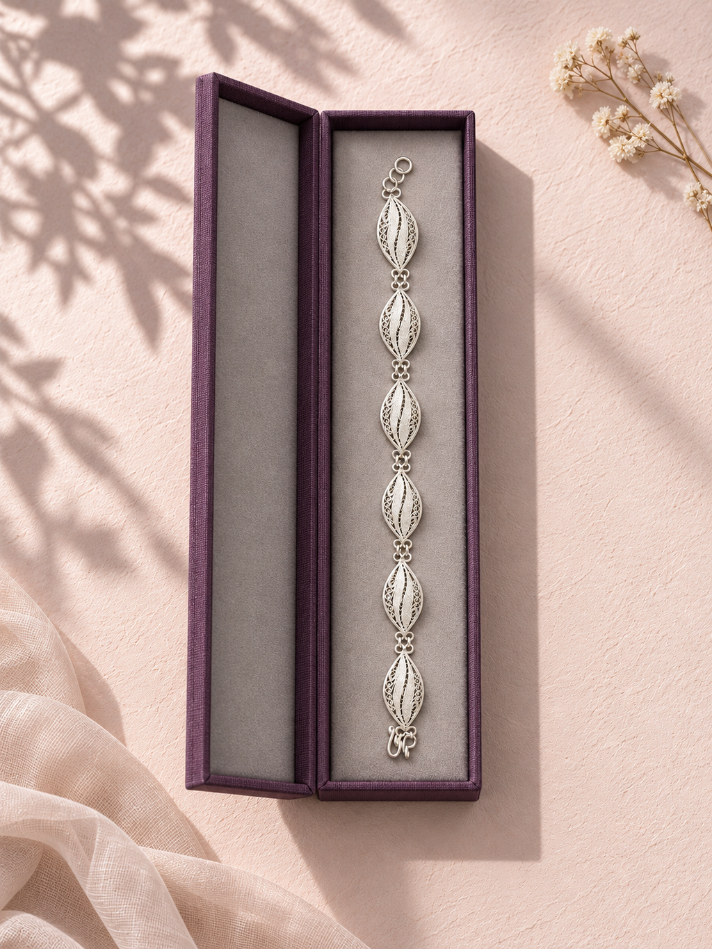 Handcrafted silver leaf bracelet in presentation box