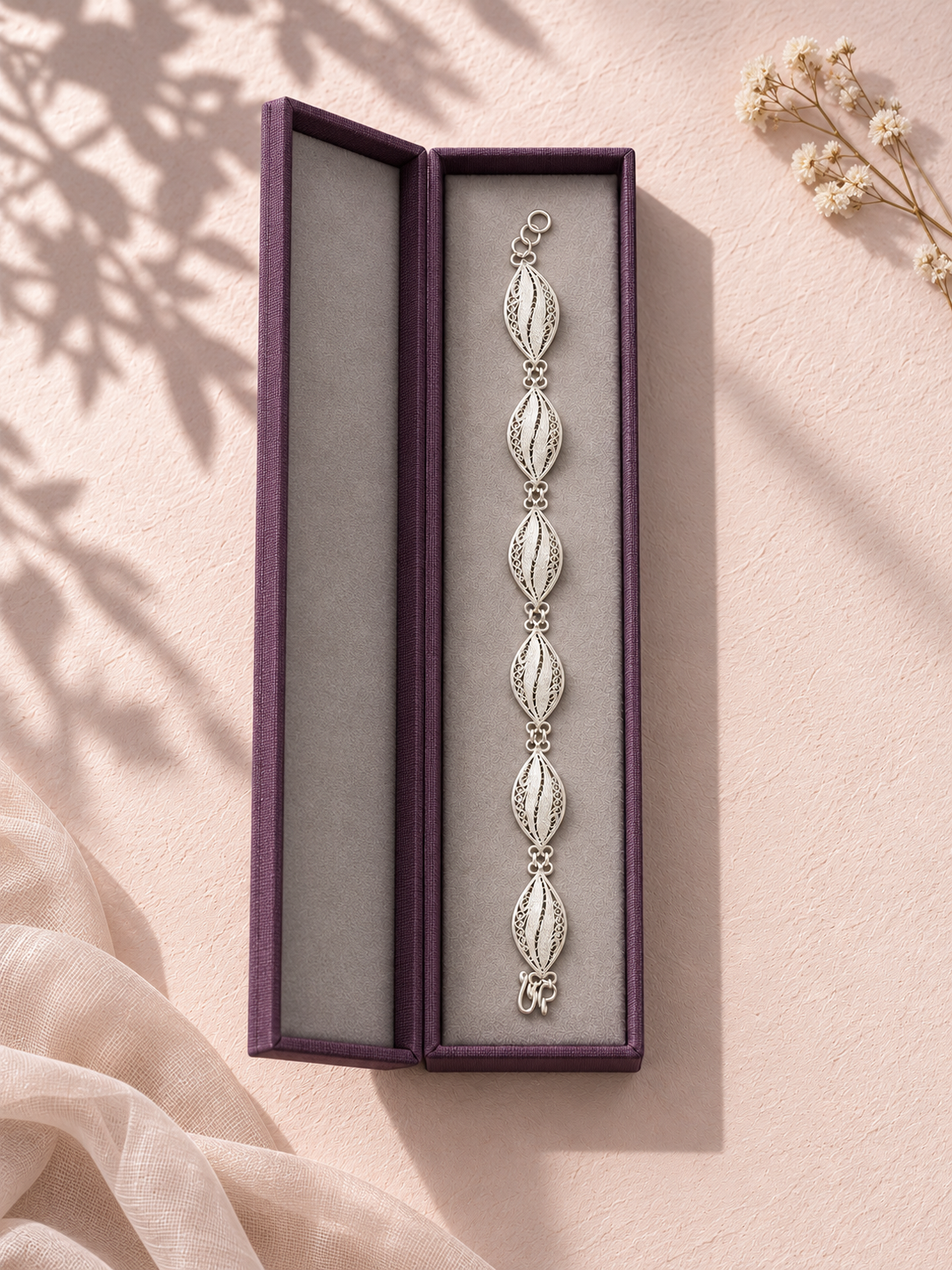 Handcrafted silver leaf bracelet in presentation box