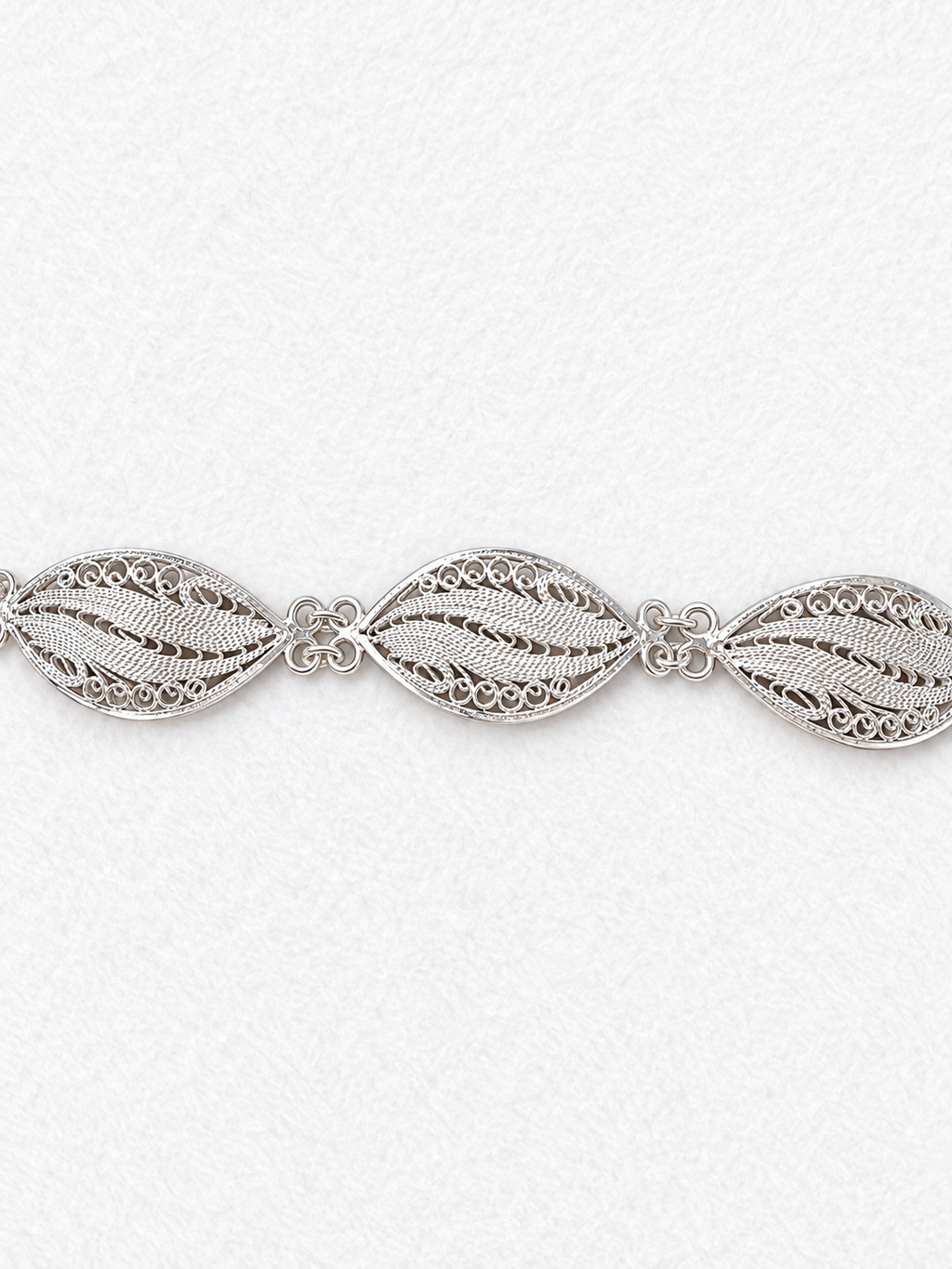 Handcrafted silver leaf bracelet detail view