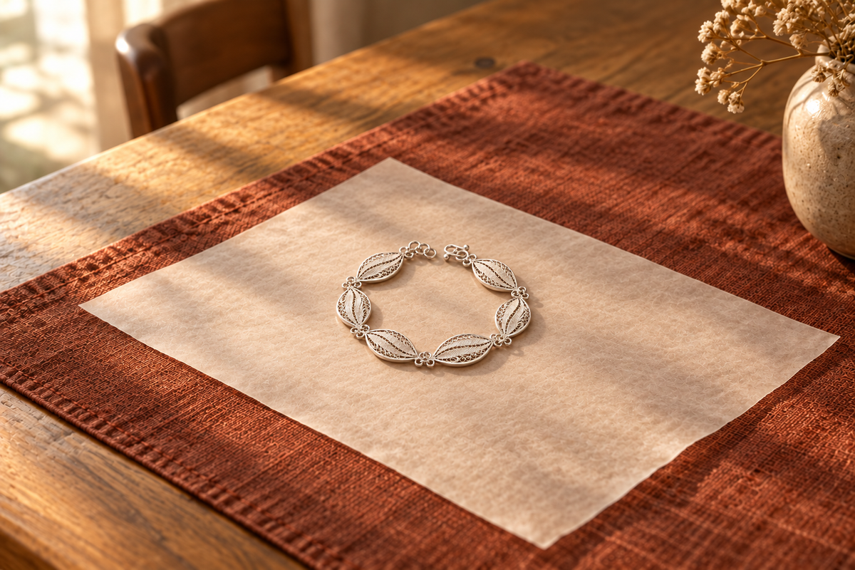 Handcrafted silver leaf bracelet flat lay