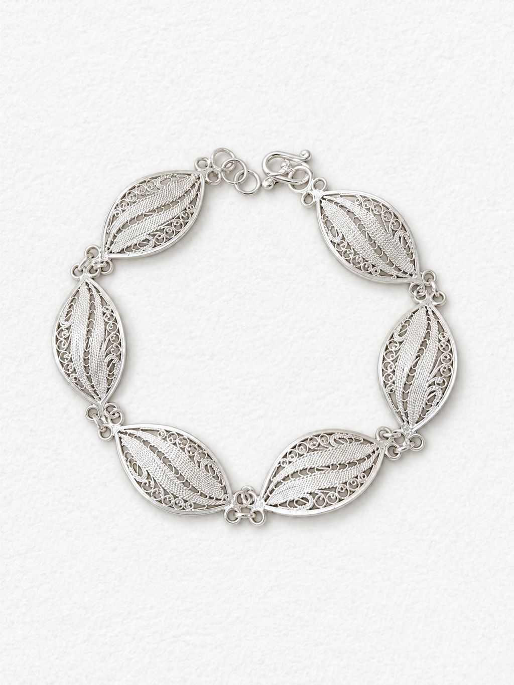 Handcrafted silver leaf bracelet front view
