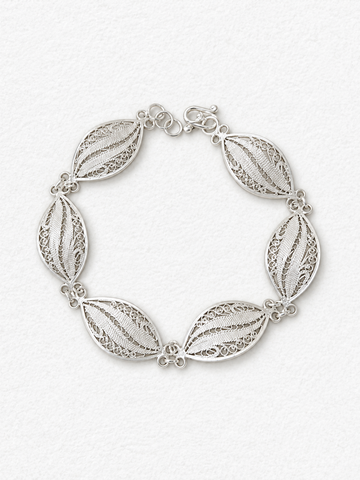 Handcrafted silver leaf bracelet front view
