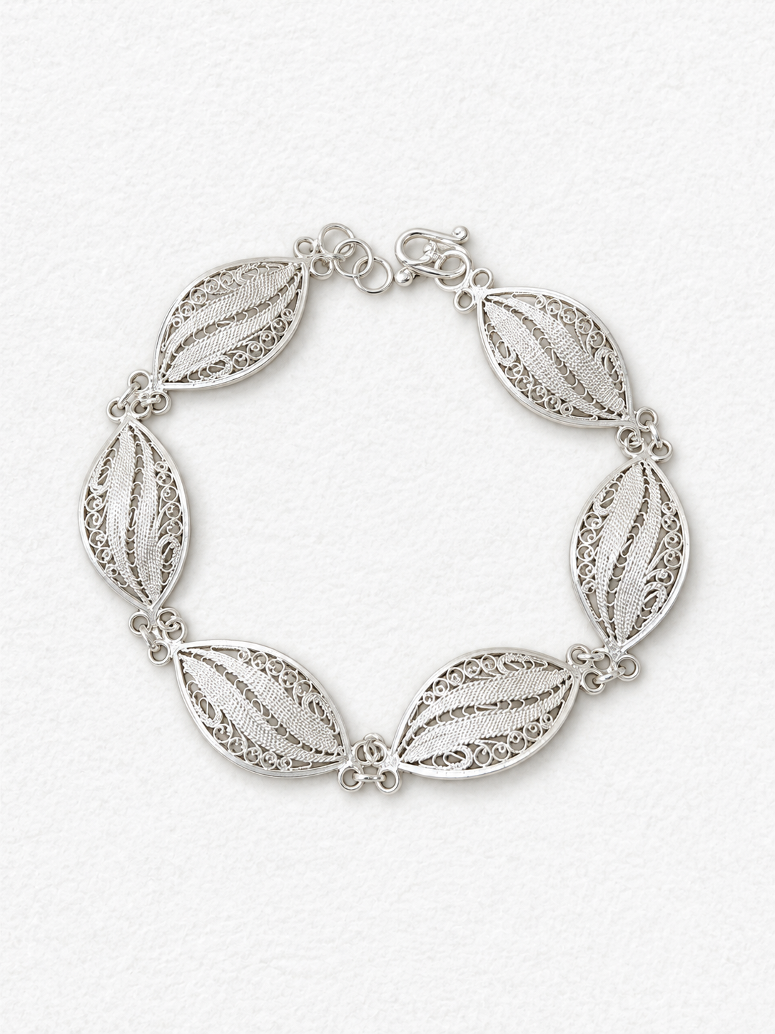 Handcrafted silver leaf bracelet front view