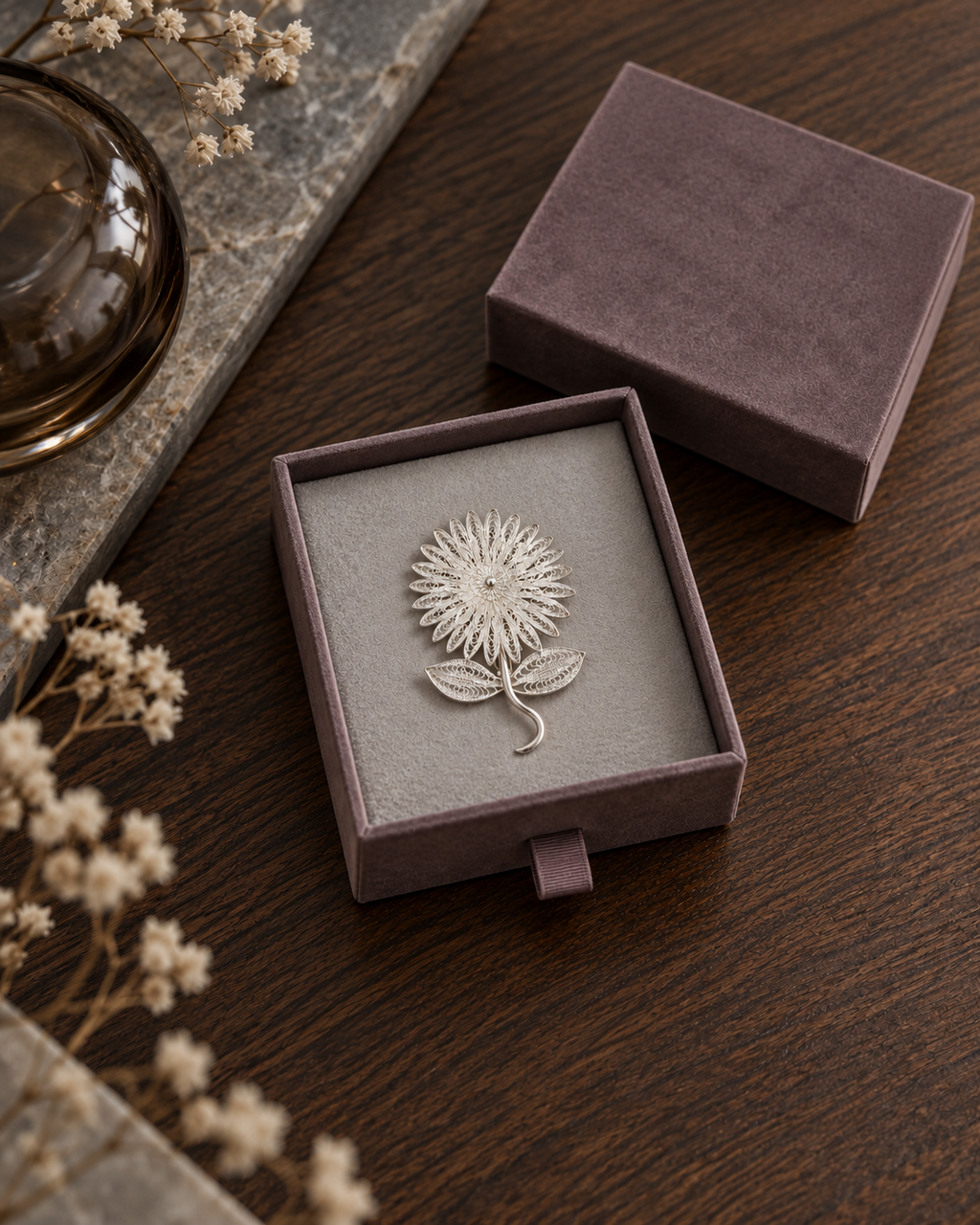 Handcrafted silver floral brooch in presentation box