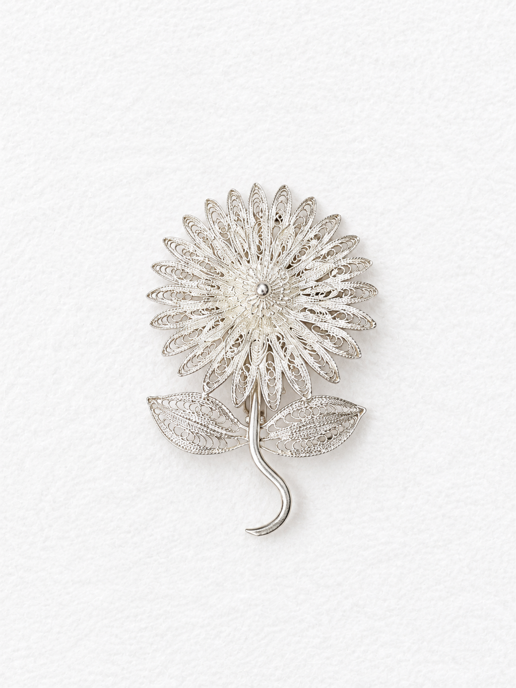 Handcrafted silver floral brooch detail