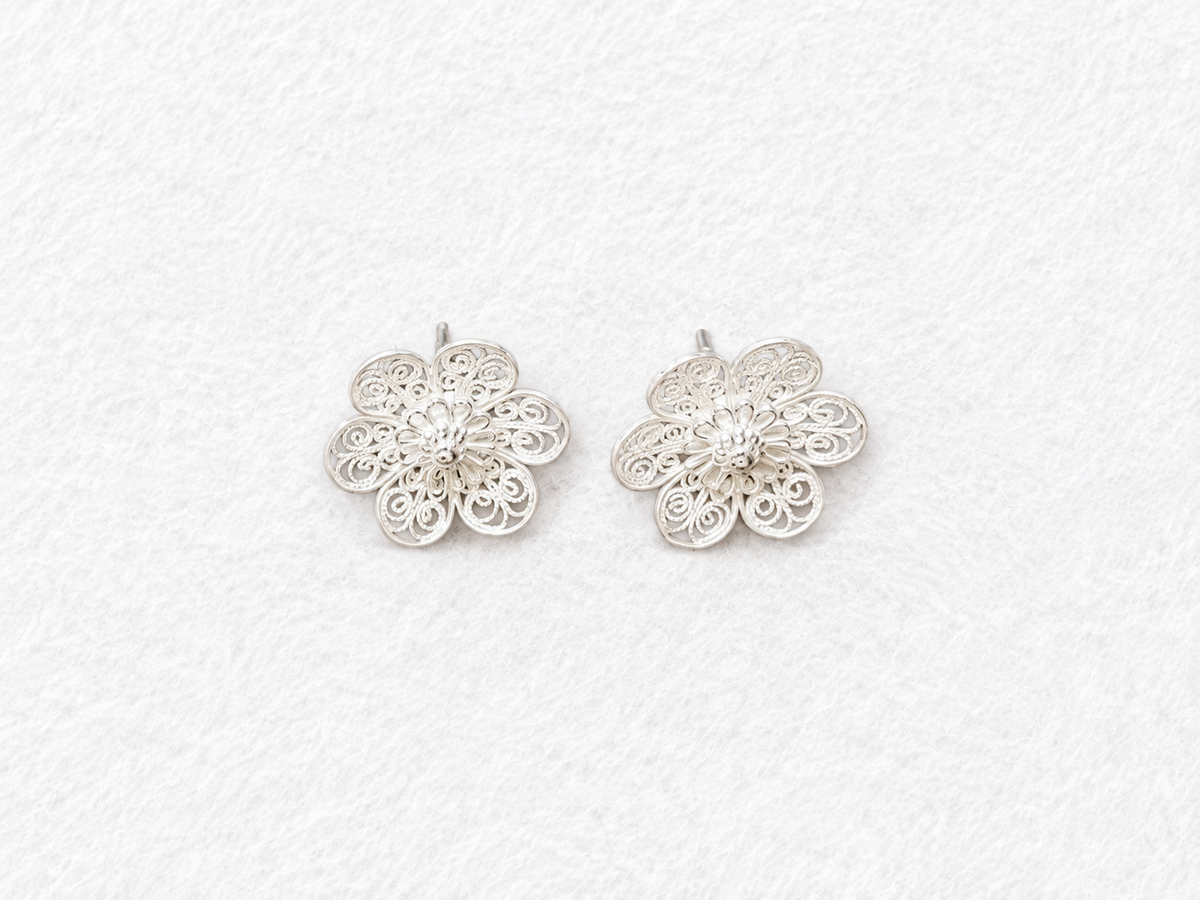 Handcrafted silver filigree floral earrings angled view