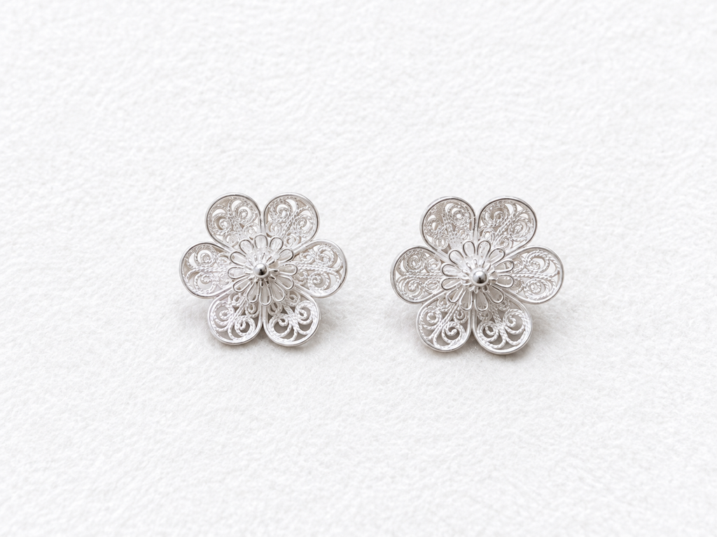 Handcrafted silver filigree floral earrings front view