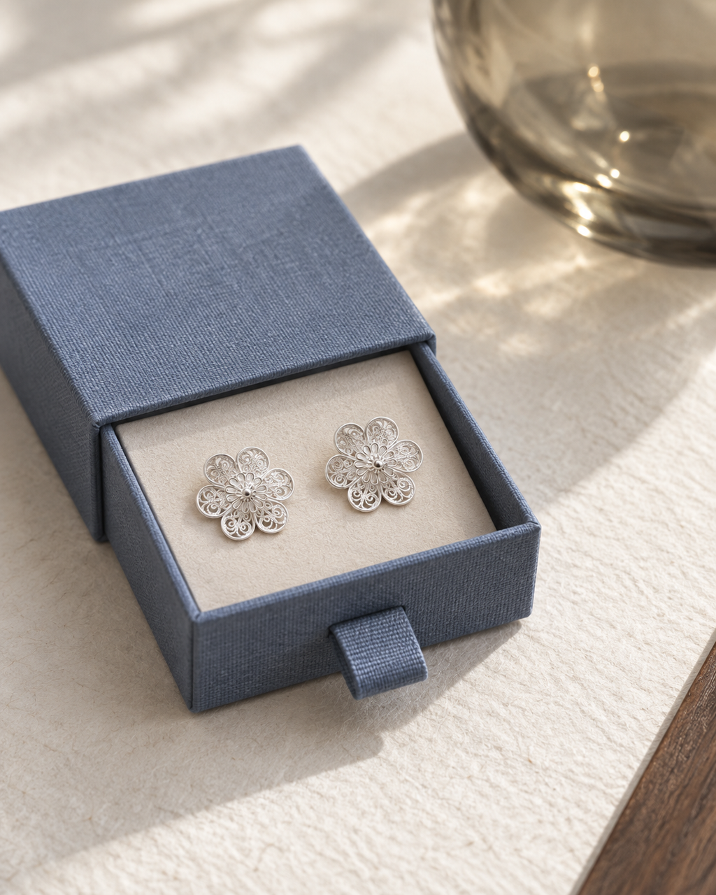 Handcrafted silver filigree earrings in presentation box
