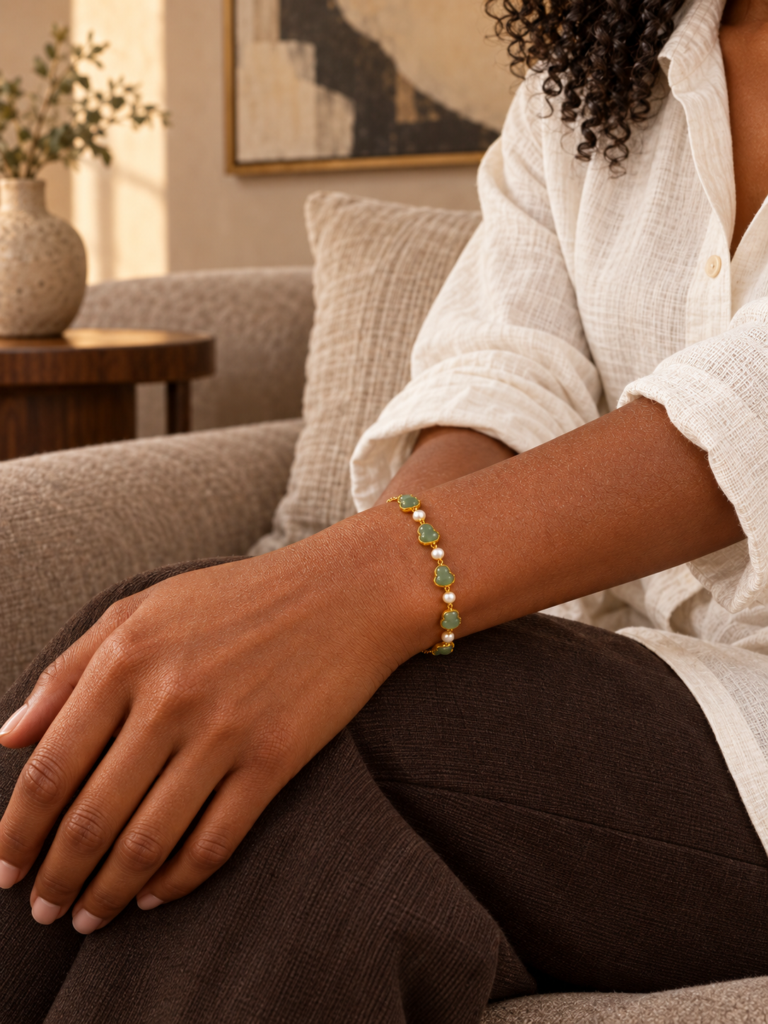 Hetian Jade Jewelry 02 bracelet worn while seated indoors