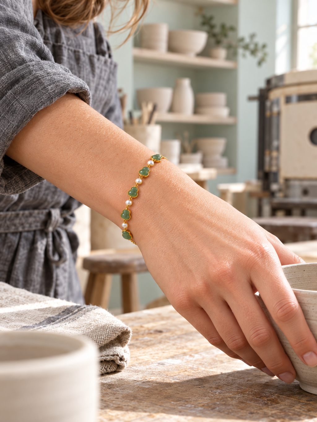 Hetian Jade Jewelry 02 bracelet worn in a pottery studio