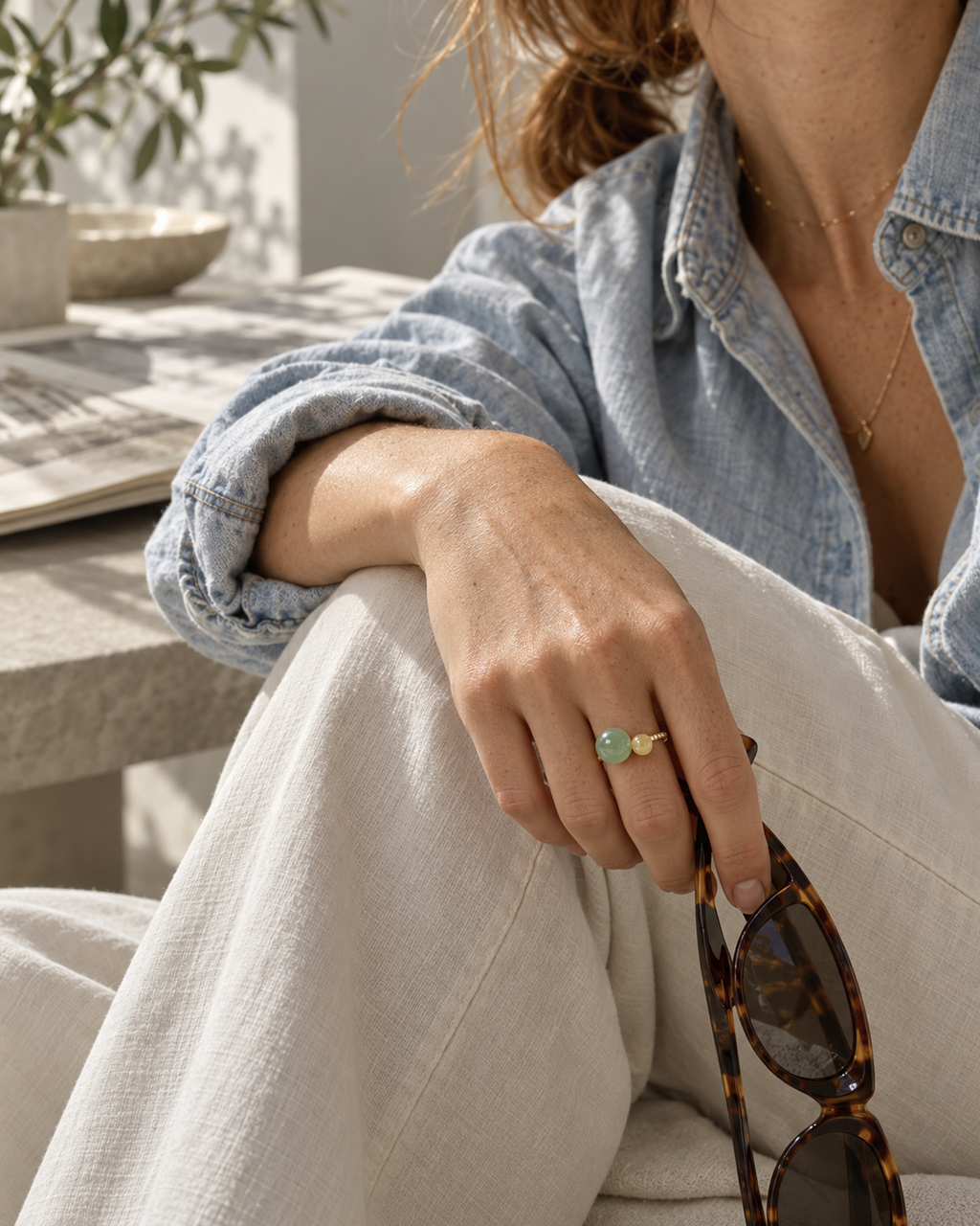 Hetian Jade Jewelry 06 worn with denim shirt