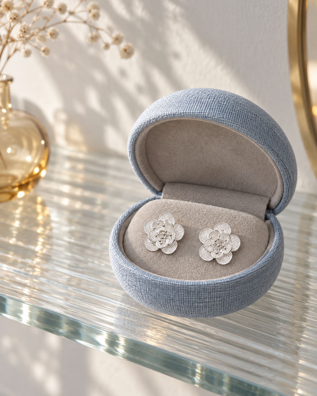 Handcrafted silver floral earrings in presentation box