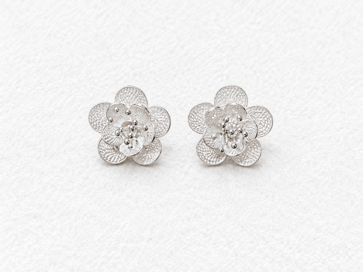 Handcrafted silver floral earrings front view